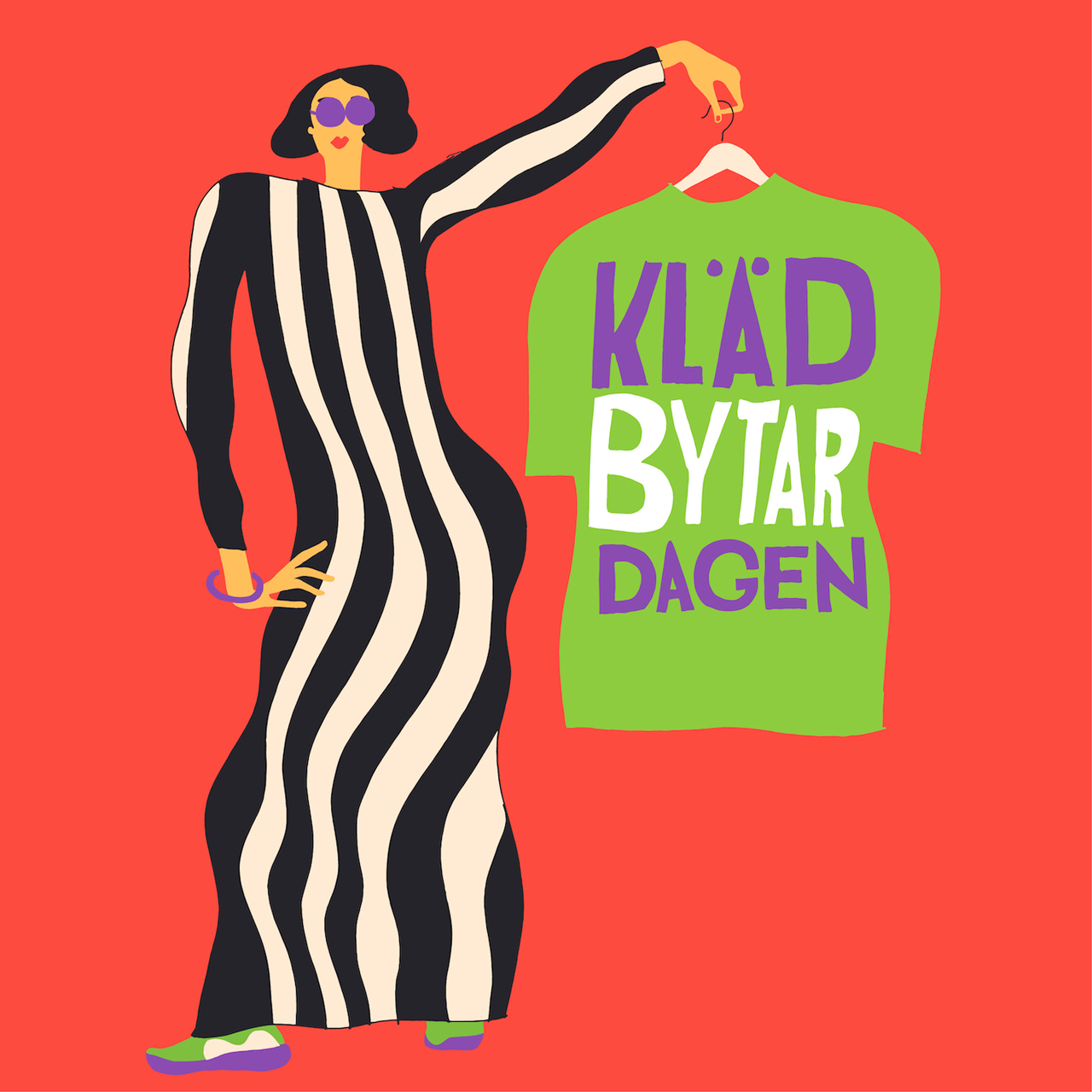 Tecknad illustration av Erica Jacobson för att marknadsföra klädbytardagen. Bilden föreställer en kvinna i randig klänning som lyfter en galge med t-shirt med texten Klädbytardagen. Röd bakgrund.